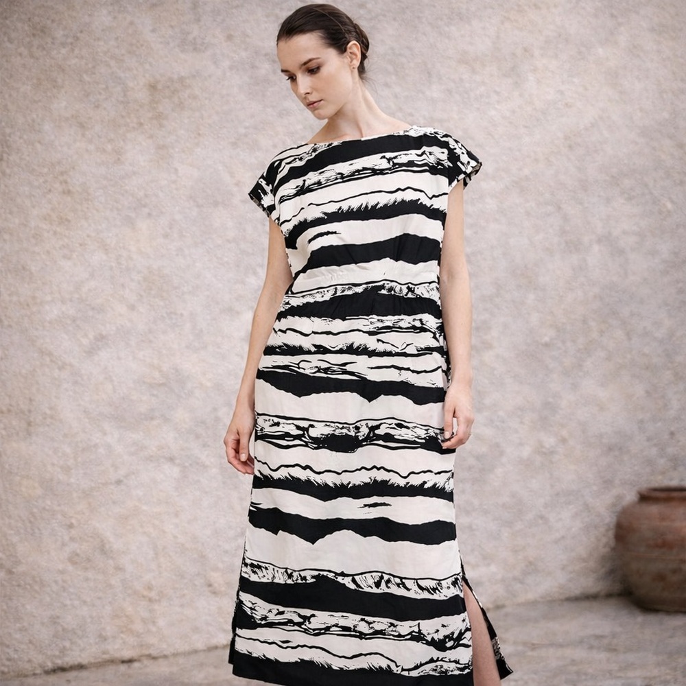 H‎ Fredriksson Silk Dress Large Black White Art Print Midi Lagenlook Minimalist